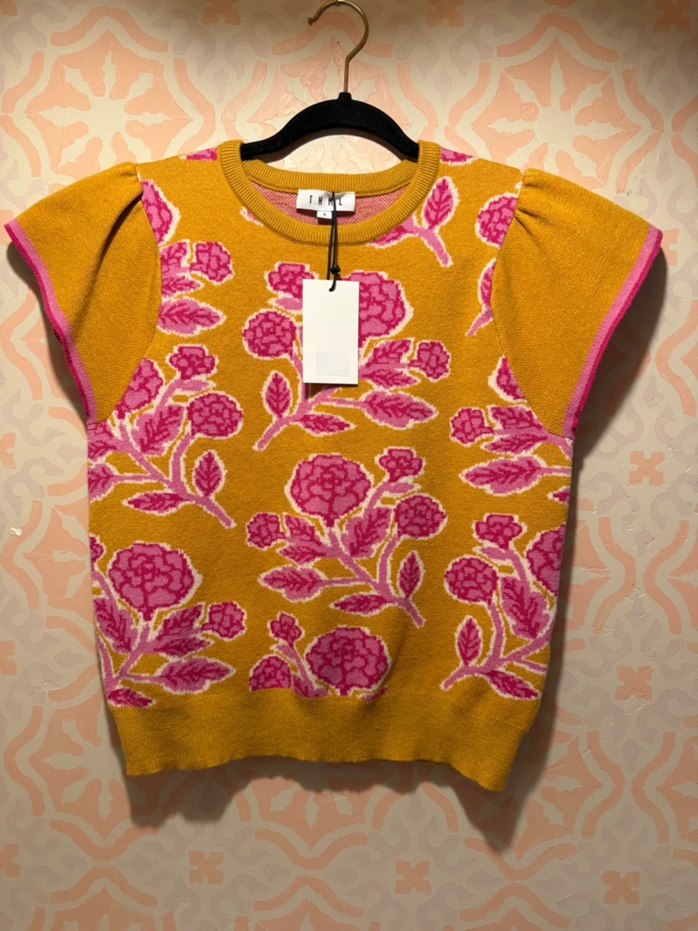 THML Mustard Yellow & Hot Pink Floral Knit Top